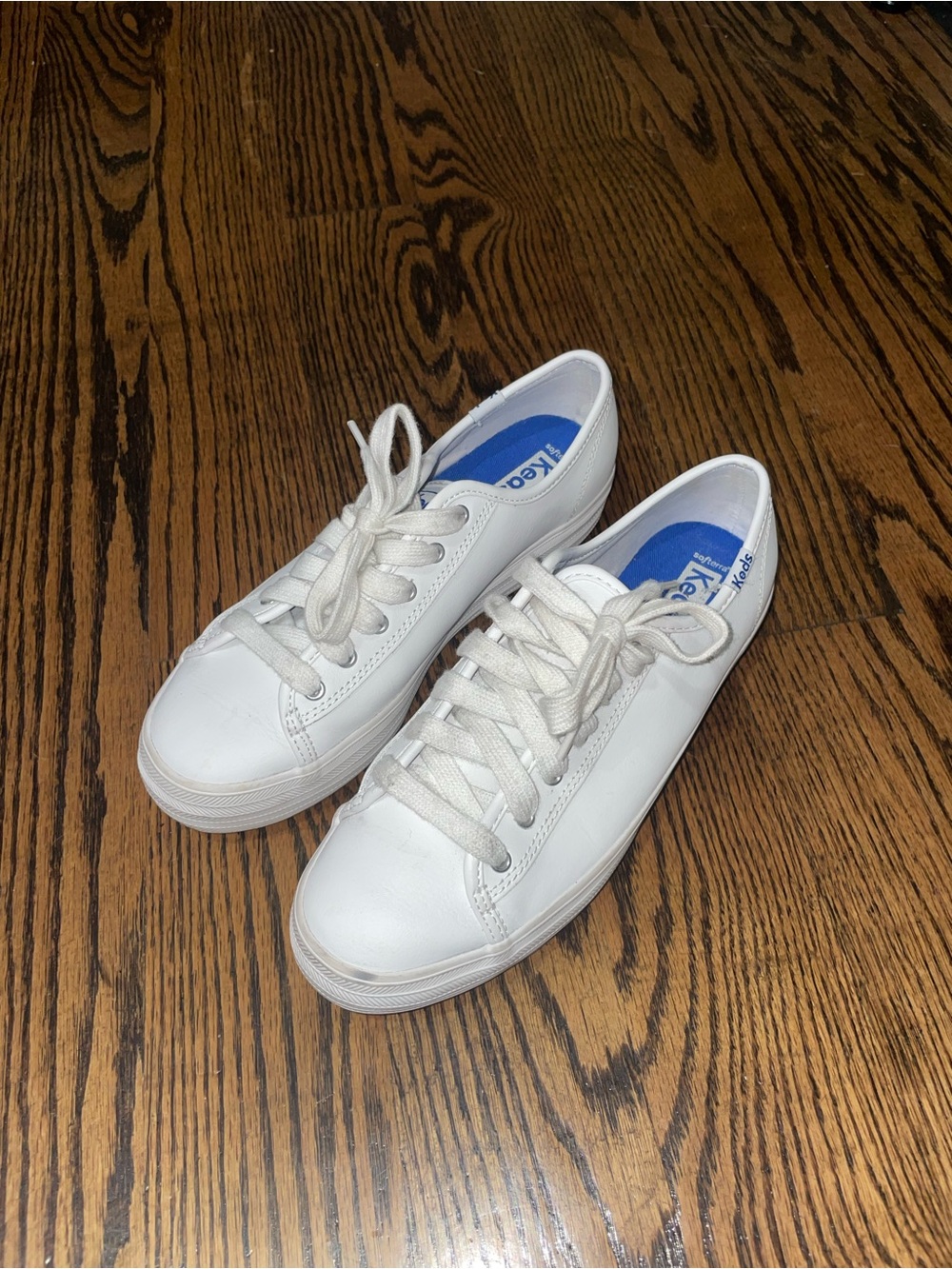 Keds White Low-Top Leather Sneakers with Blue Insole